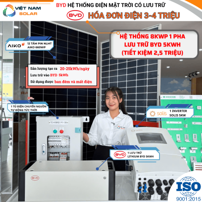 (Tiền Điện 3-4tr) Lắp BYD Hệ Thống Điện Mặt Trời 8kWp Lưu Trữ 5kWh (Tạo Ra 30kWh lưu BYD 5kWh)