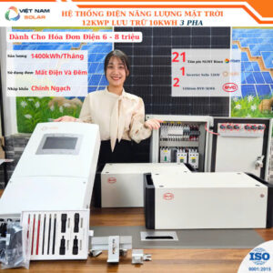 (Hóa Đơn Điện 3 Pha 6-8tr) - Hệ Thống Hybrid 12,2Kwp Lưu Trữ BYD 10kwh (Mất Điện Và Đêm Dùng Được)