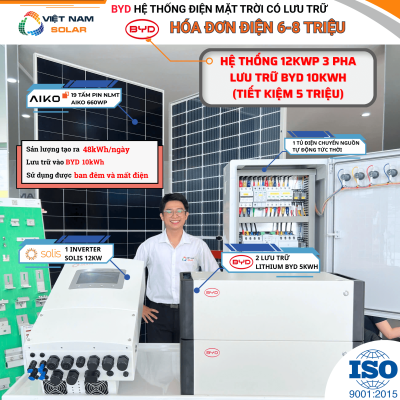 (Tiền Điện 6-8tr 3 Pha) Lắp BYD Hệ Thống Điện Mặt Trời 12kWp Lưu Trữ 10kWh (Tạo Ra 48kWh lưu BYD 10kWh)