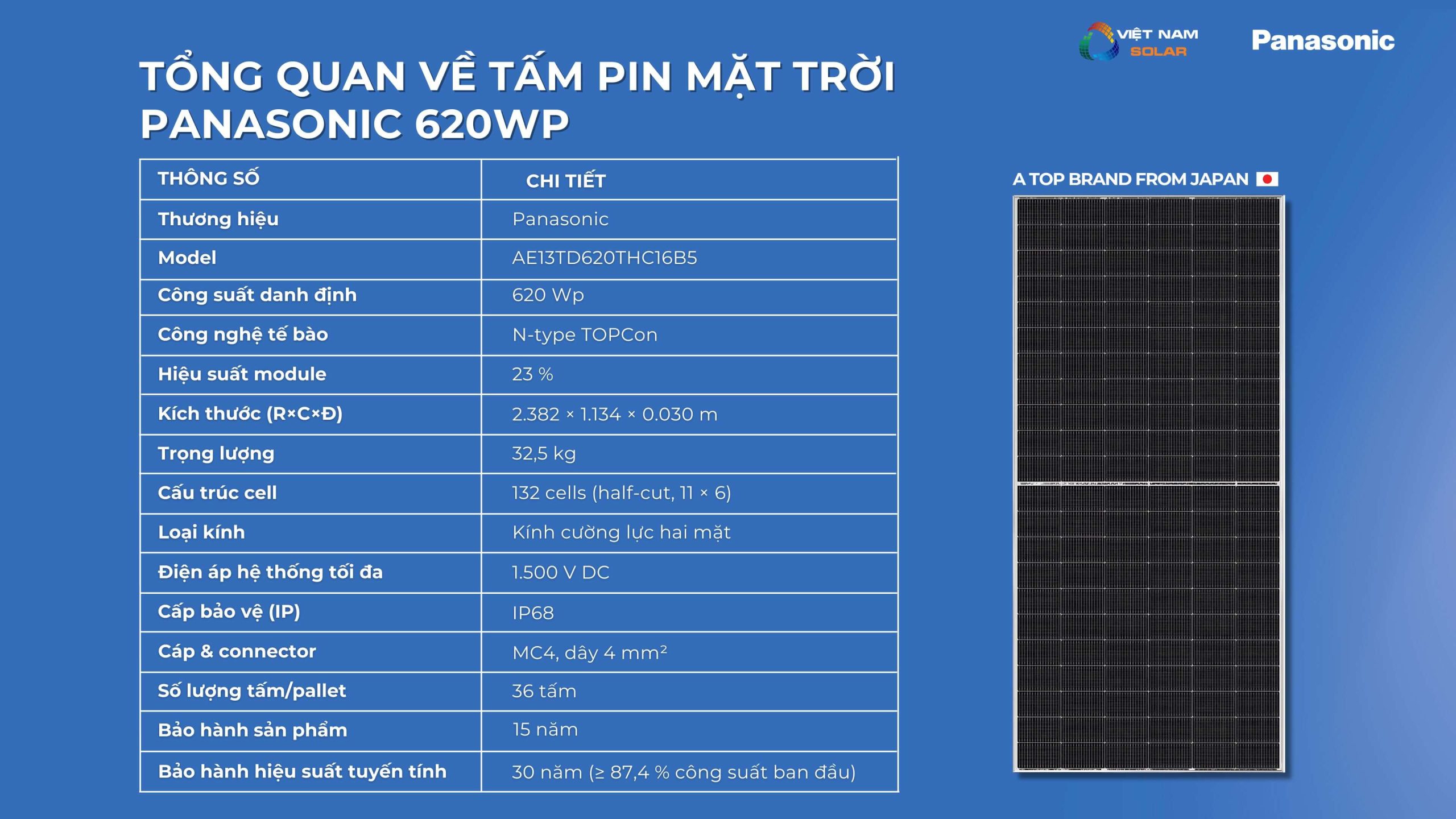 Tấm Pin Năng Lượng Mặt Trời Panasonic 620WP N-type Topcon 1 viet nam solar dien mat troi tam pin panasonic 620 6 scaled
