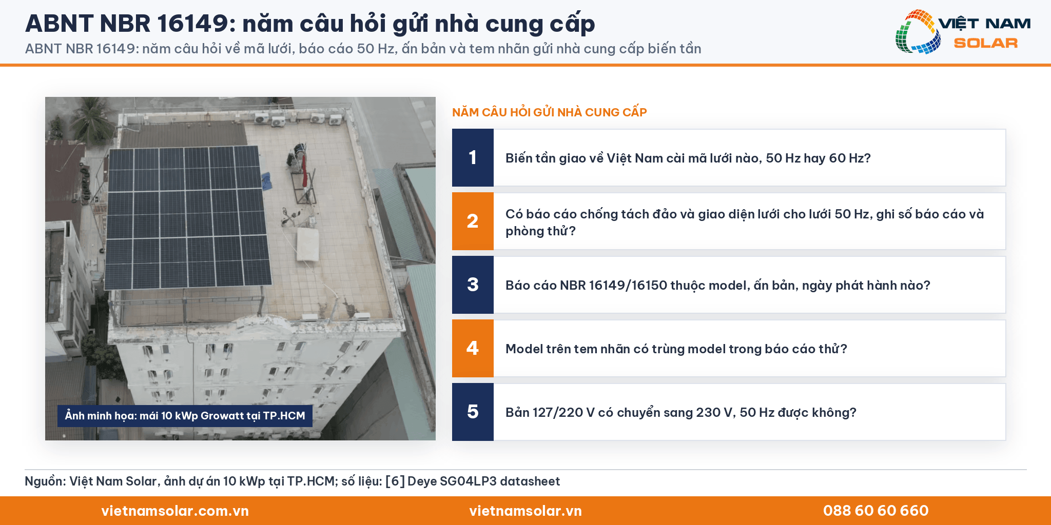 ABNT NBR 16149: ảnh mái 10 kWp của Việt Nam Solar tại TP.HCM, kèm năm câu hỏi về mã lưới, báo cáo 50 Hz, ấn bản và tem nhãn