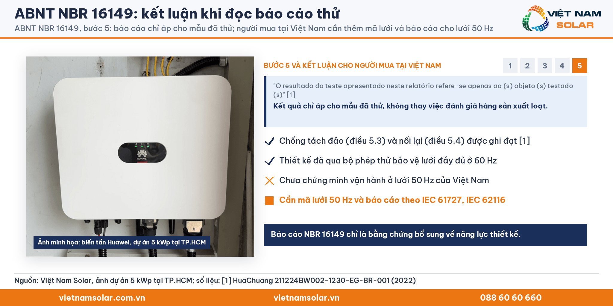 ABNT NBR 16149: ảnh biến tần Huawei tại công trình 5 kWp của Việt Nam Solar ở TP.HCM, kèm trích dẫn phạm vi báo cáo và bốn ý kết luận cho người mua