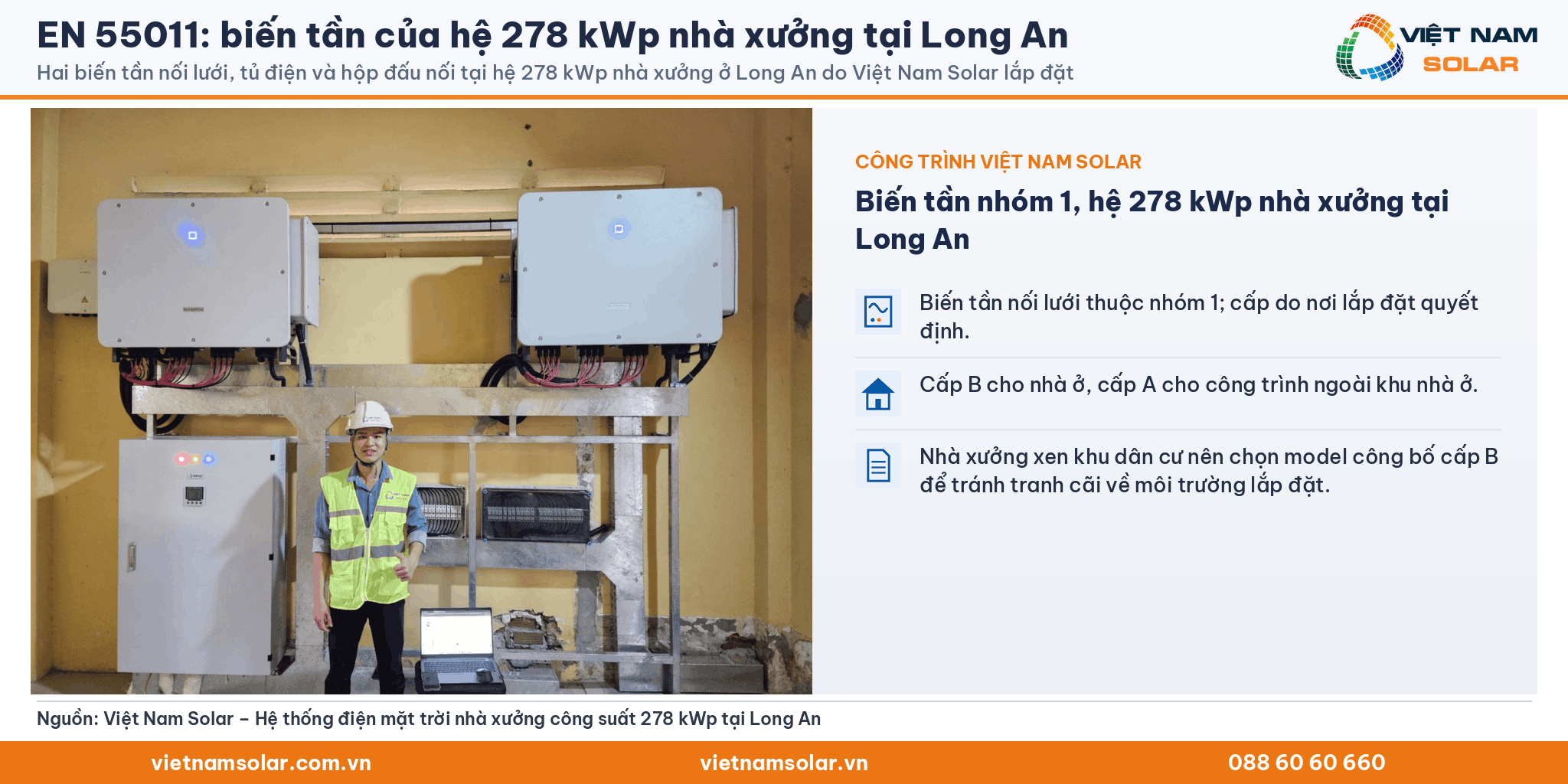 EN 55011: hai biến tần nối lưới, tủ điện và hộp đấu nối tại hệ 278 kWp nhà xưởng ở Long An do Việt Nam Solar lắp đặt