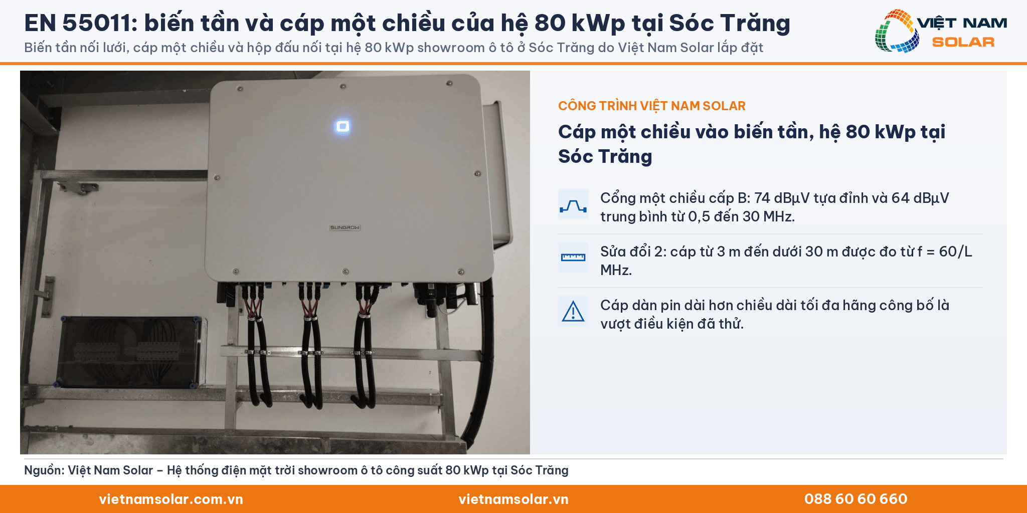 EN 55011: biến tần nối lưới, cáp một chiều và hộp đấu nối tại hệ 80 kWp showroom ô tô ở Sóc Trăng do Việt Nam Solar lắp đặt