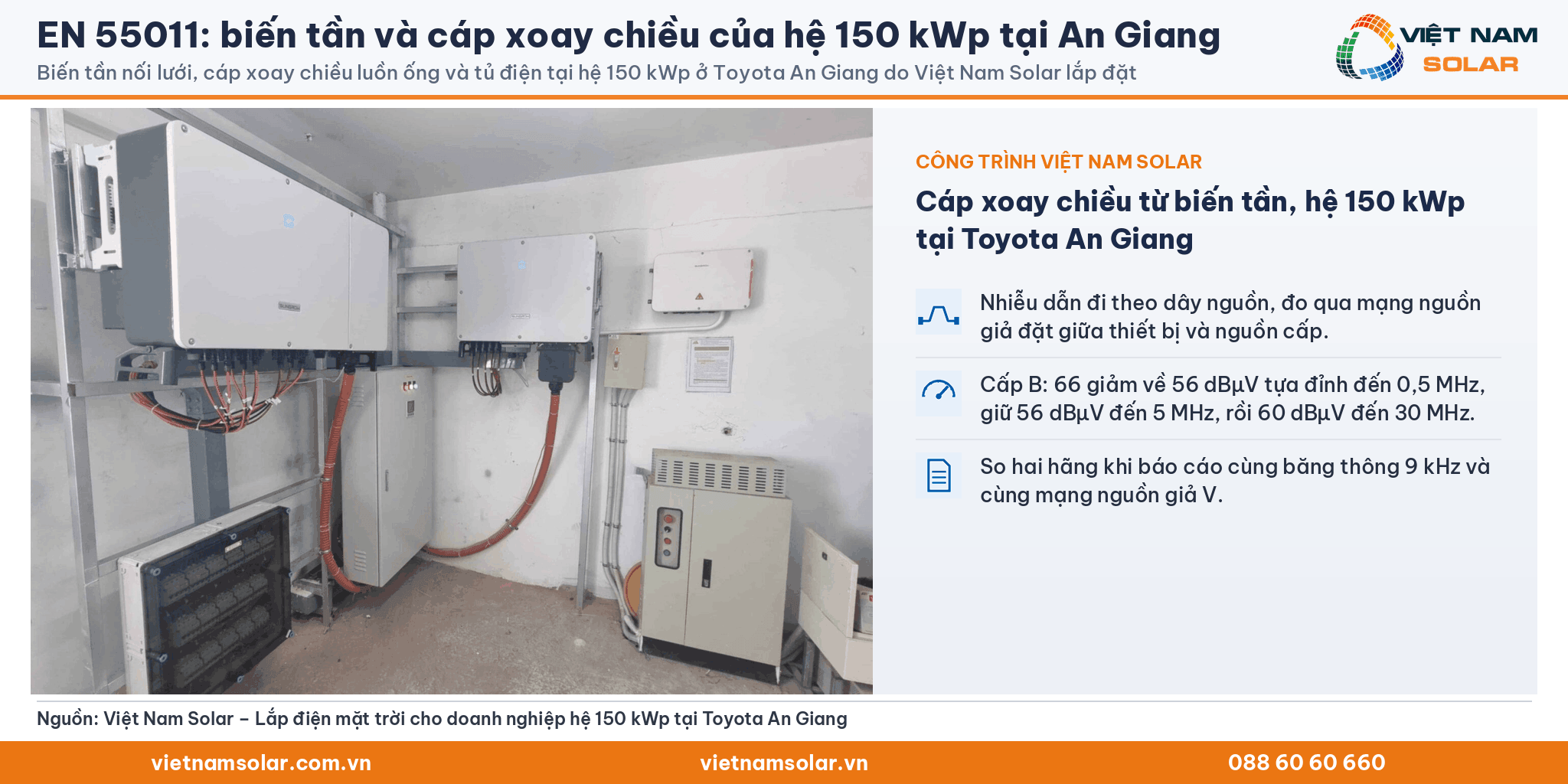 EN 55011: biến tần nối lưới, cáp xoay chiều luồn ống và tủ điện tại hệ 150 kWp ở Toyota An Giang do Việt Nam Solar lắp đặt