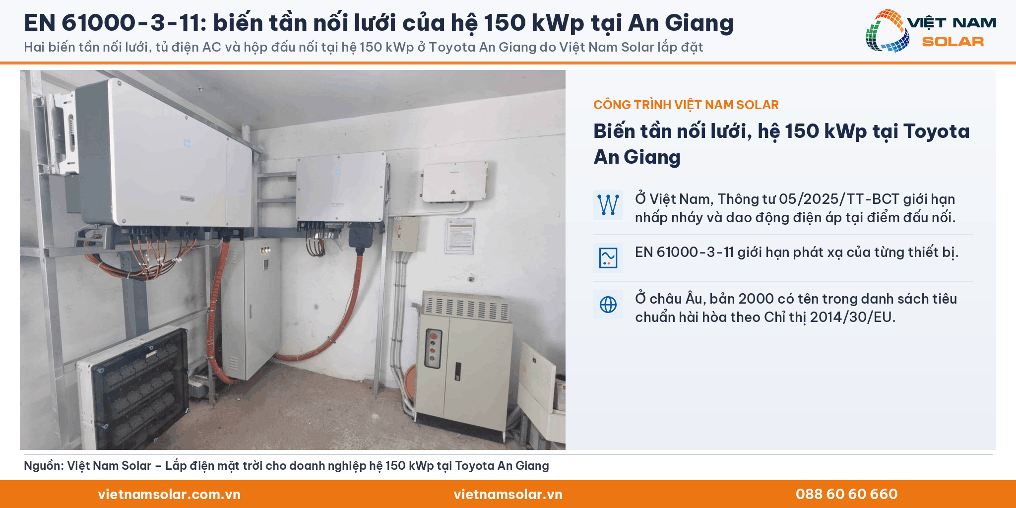 EN 61000-3-11: hai biến tần nối lưới, tủ điện AC và hộp đấu nối tại hệ 150 kWp ở Toyota An Giang của Việt Nam Solar