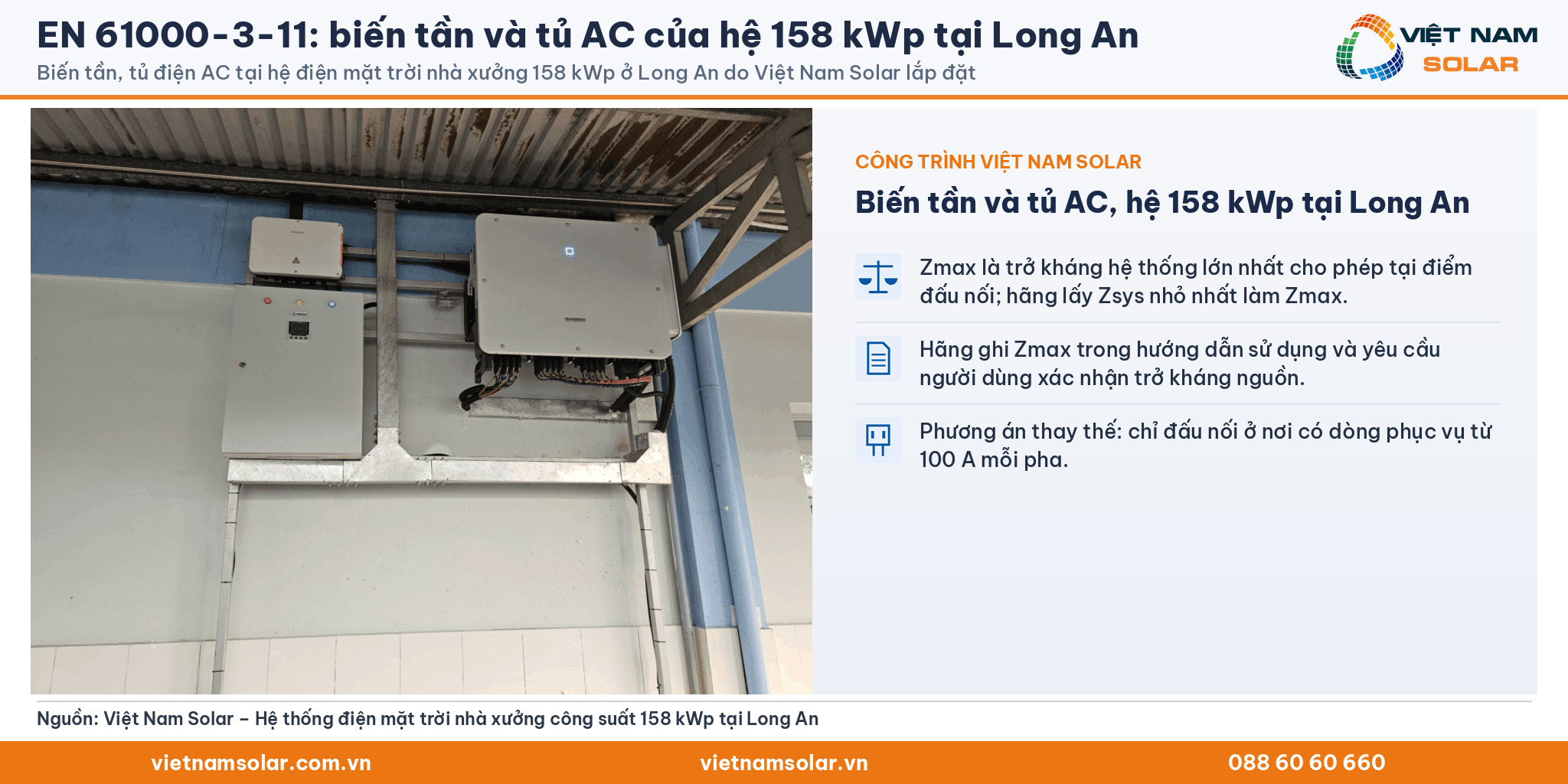 EN 61000-3-11: biến tần và tủ điện AC tại hệ điện mặt trời nhà xưởng 158 kWp ở Long An của Việt Nam Solar