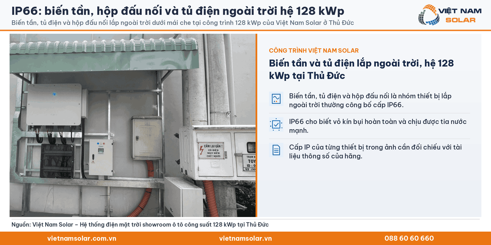 IP66: biến tần, hộp đấu nối và tủ điện lắp ngoài trời dưới mái che tại công trình 128 kWp của Việt Nam Solar ở Thủ Đức