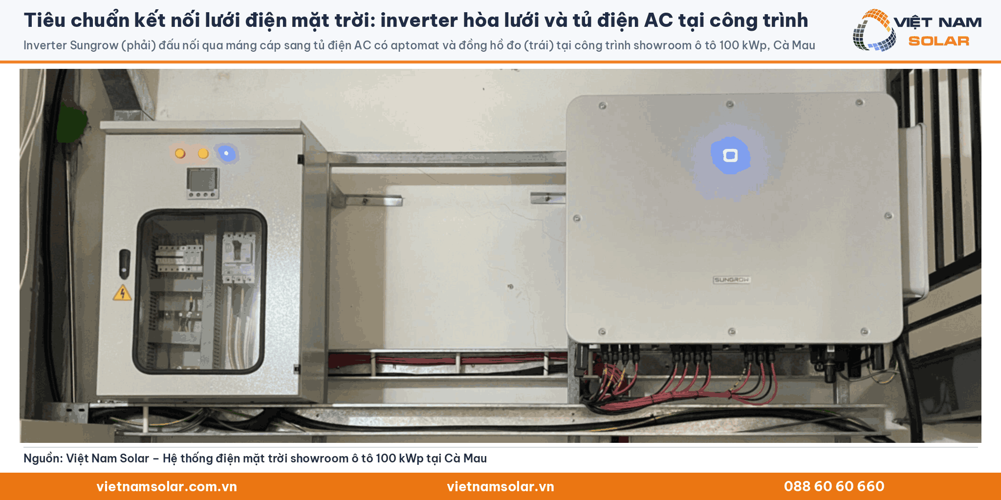 Tiêu chuẩn kết nối lưới điện mặt trời: inverter Sungrow gắn trên giá thép mạ kẽm, đấu nối qua máng cáp sang tủ điện AC có aptomat và đồng hồ đo tại showroom ô tô 100 kWp ở Cà Mau