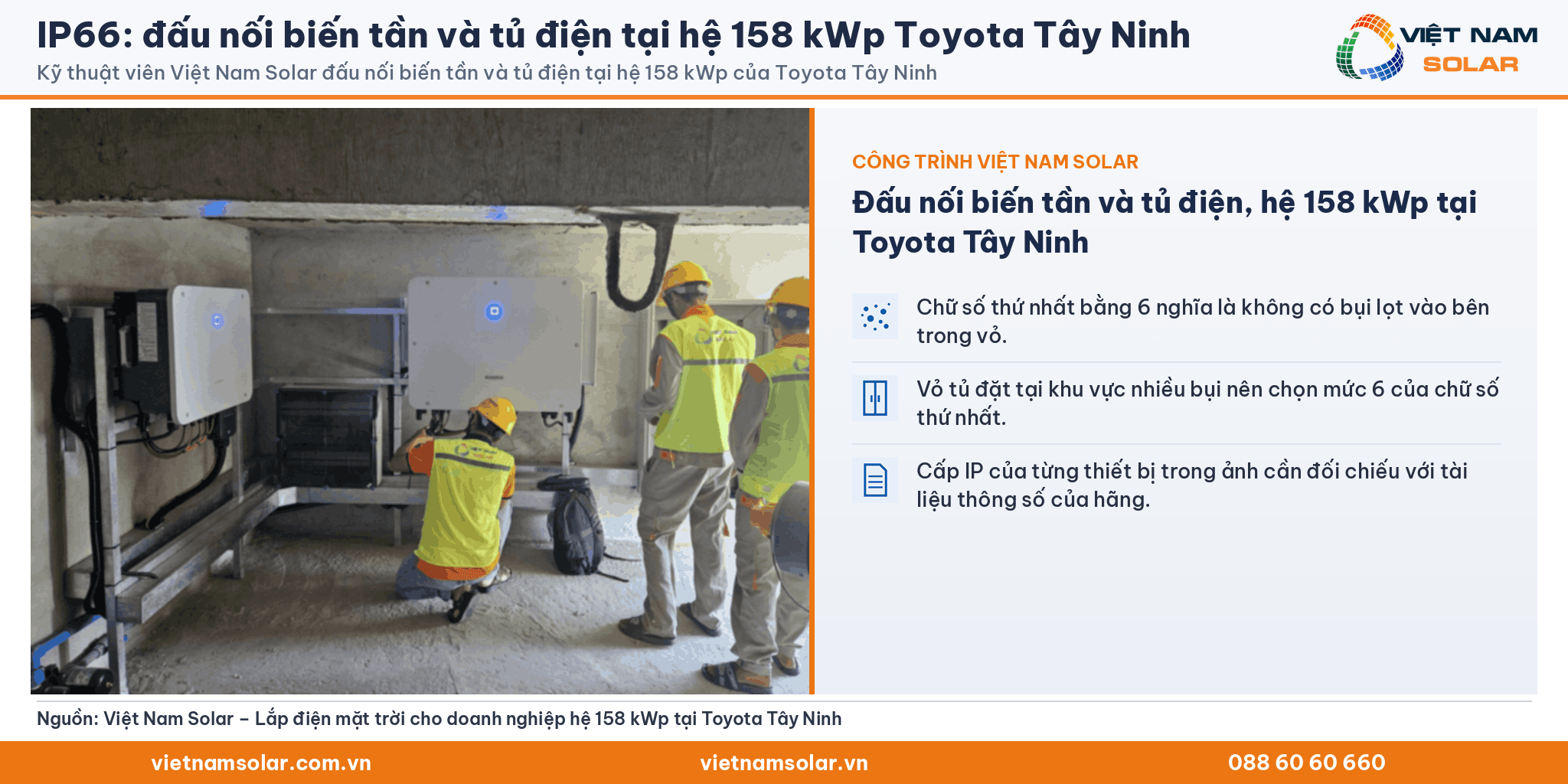 IP66: kỹ thuật viên Việt Nam Solar đấu nối biến tần và tủ điện tại hệ 158 kWp Toyota Tây Ninh