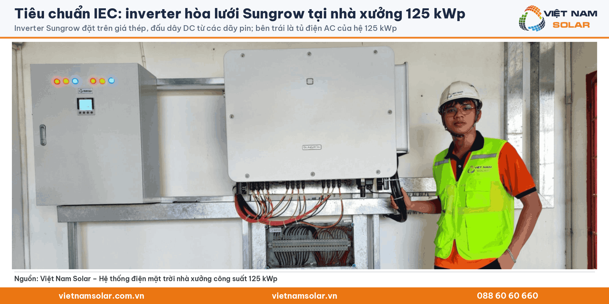 Tiêu chuẩn IEC: inverter hòa lưới Sungrow tại nhà xưởng 125 kWp. Inverter Sungrow đặt trên giá thép, đấu dây DC từ các dãy pin; bên trái là tủ điện AC của hệ 125 kWp
