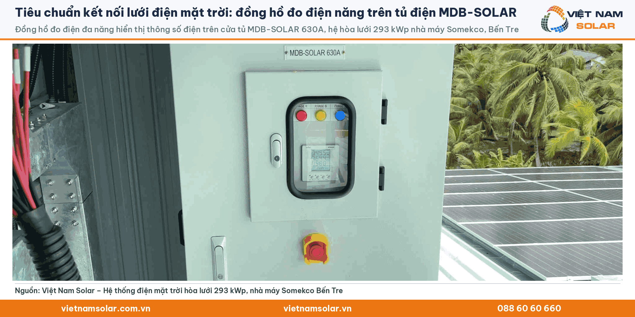 Tiêu chuẩn kết nối lưới điện mặt trời: đồng hồ đo điện đa năng trên cửa tủ điện MDB-SOLAR 630A của hệ hòa lưới 293 kWp tại nhà máy Somekco, Bến Tre