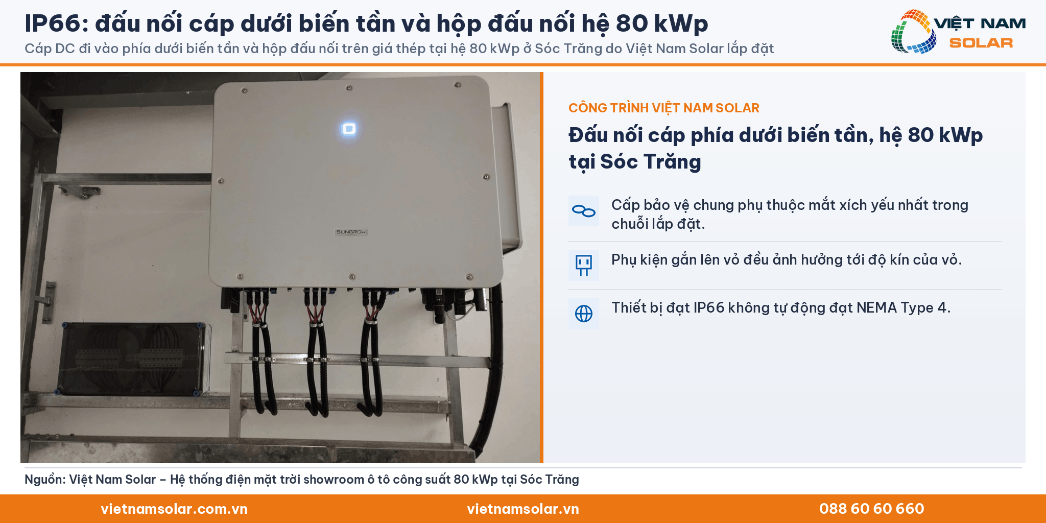 IP66: cáp DC đi vào phía dưới biến tần và hộp đấu nối tại hệ 80 kWp ở Sóc Trăng