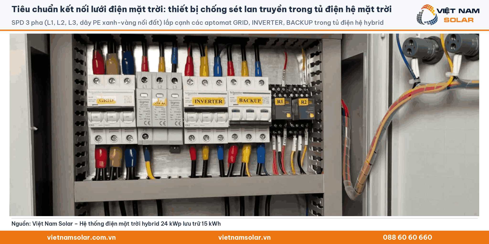Tiêu chuẩn kết nối lưới điện mặt trời: thiết bị chống sét lan truyền SPD 3 pha có dây PE nối đất, lắp cạnh các aptomat GRID, INVERTER, BACKUP trong tủ điện hệ hybrid