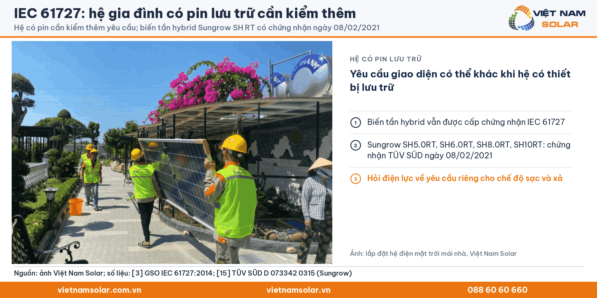 IEC 61727: kỹ thuật viên lắp tấm pin cho hệ điện mặt trời mái nhà gia đình; hộp chữ: biến tần hybrid vẫn có chứng nhận, Sungrow SH5.0RT đến SH10RT chứng nhận TÜV SÜD ngày 08/02/2021