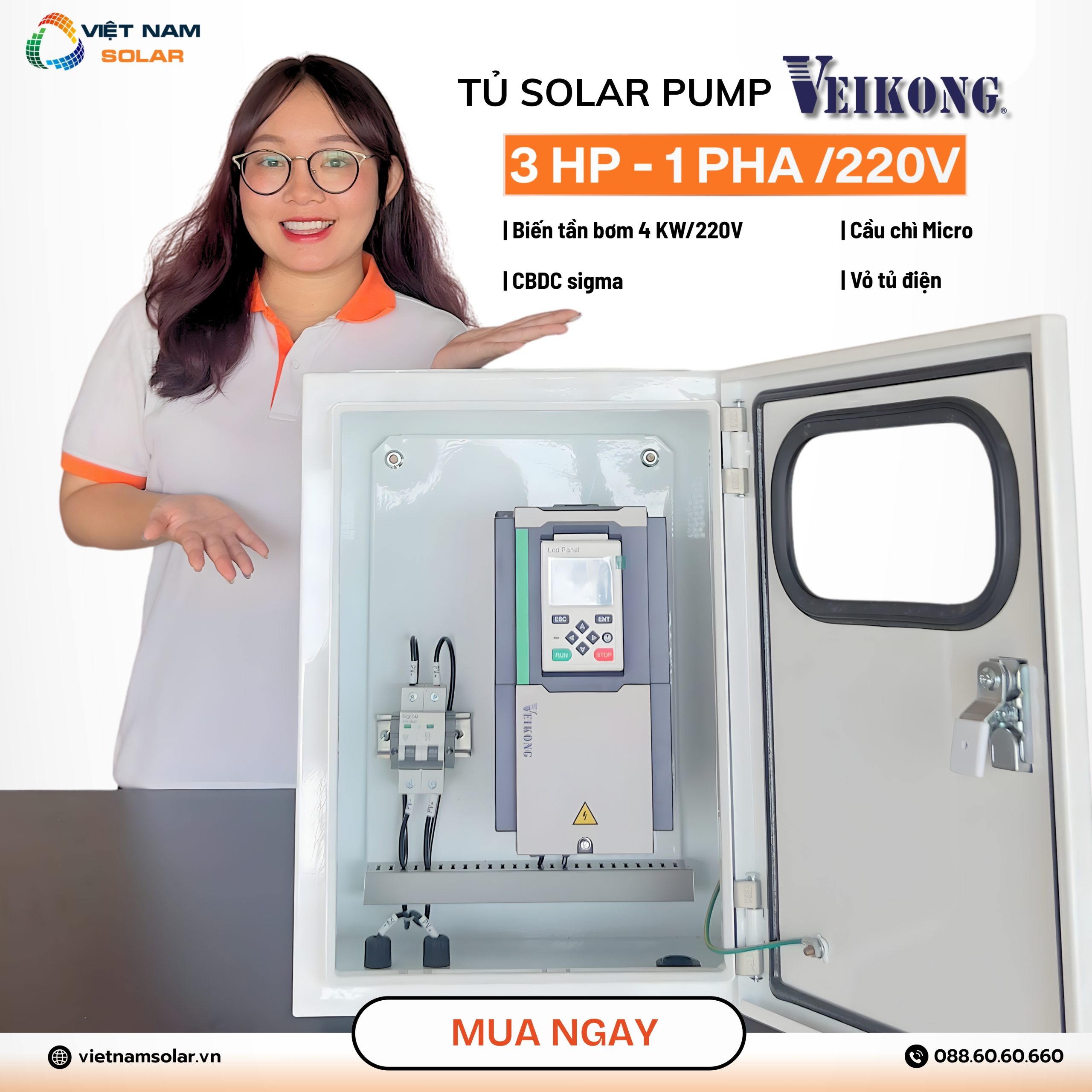 Combo Bơm Nước Năng Lượng Mặt Trời Cho Máy Bơm Công Suất 3HP - 2,2kW (1 PHA) 4 bien tan bom 3 hp 2 scaled