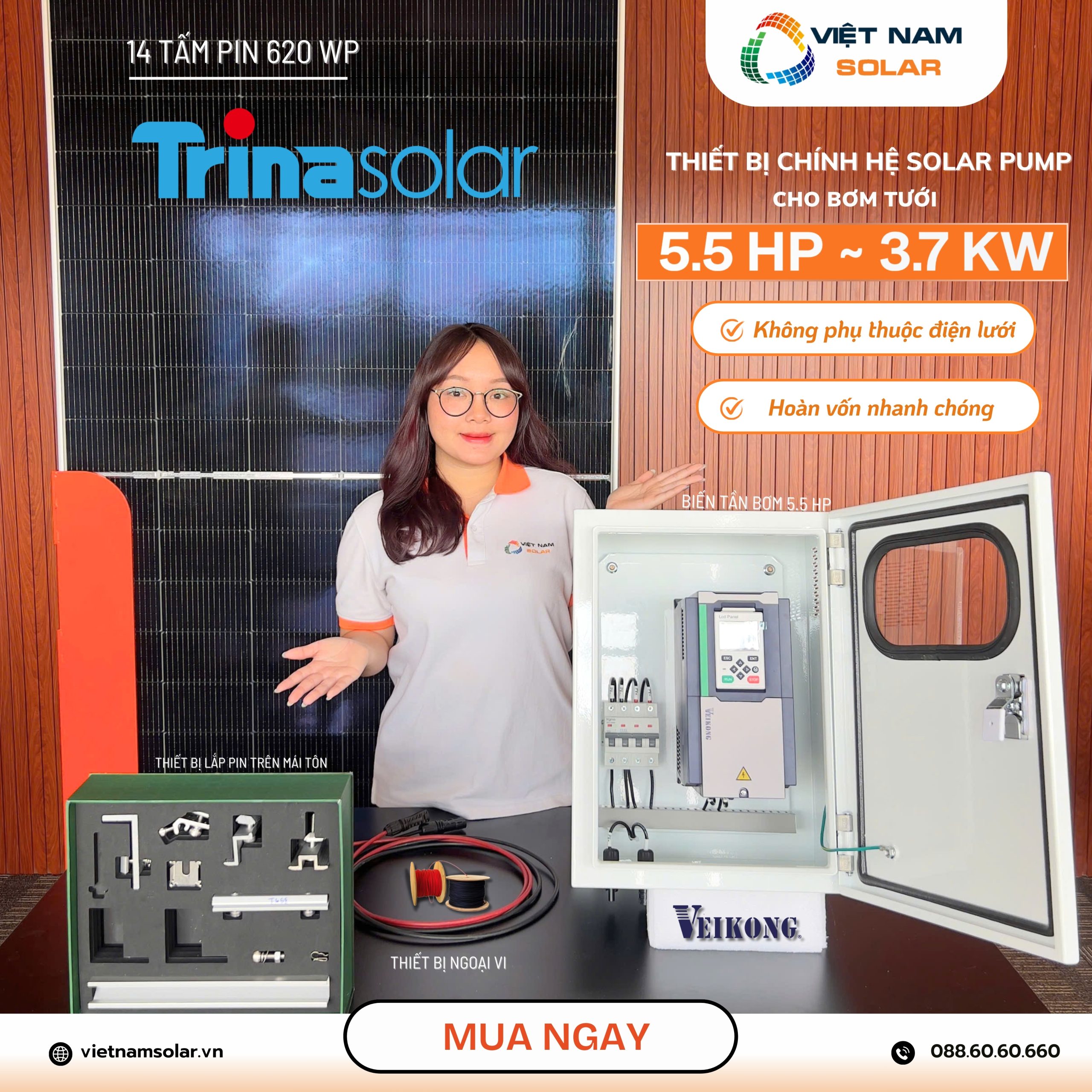 Combo Bơm Nước Năng Lượng Mặt Trời Cho Máy Bơm Công Suất 5.5 HP - 3,7kW 1 bien tan bom 5.5 hp 1 scaled