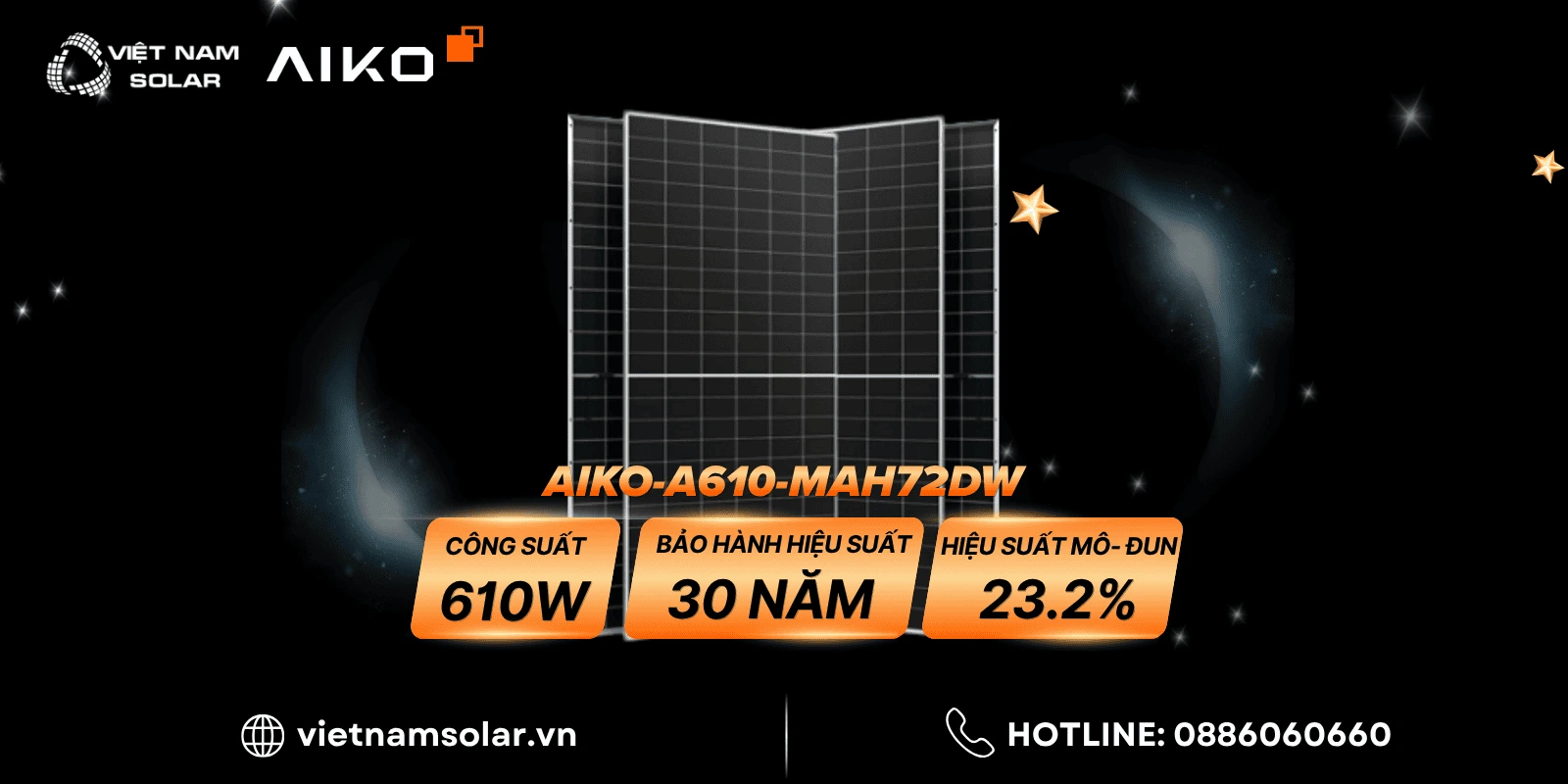 AIKO-A610-MAH72Dw - Tấm Pin NLMT Aiko 610WP - COMET 2N+ 1 AIKO A610 MAH72Dw