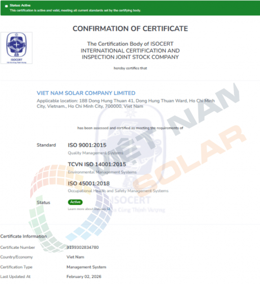 Chứng chỉ công nhận quốc tế IAF của Việt Nam Solar