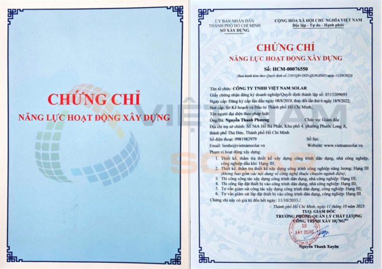 Chứng chỉ năng lực hoạt động xây dựng số HCM-00076550 - Việt Nam Solar