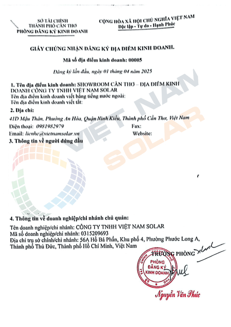 Giấy phép kinh doanh showroom Cần Thơ - Việt Nam Solar