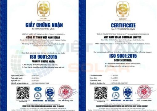 Chứng nhận ISO 9001:2015 - Việt Nam Solar