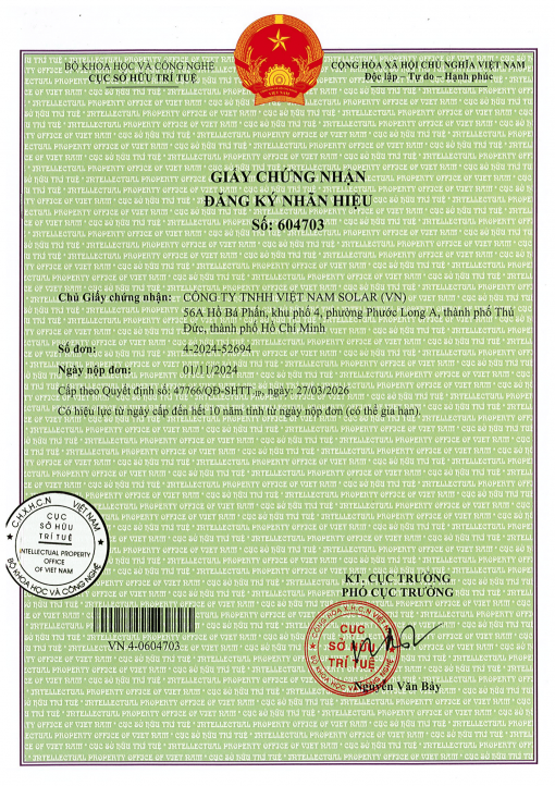 Văn bằng sở hữu trí tuệ - nhãn hiệu đăng ký độc quyền số VN-4-0604703 của Việt Nam Solar