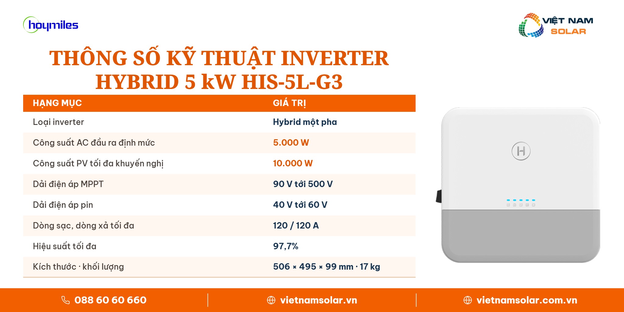 HIS-5L-G3 - Inverter Hybrid Hoymiles 5kW 1 Pha (Áp Thấp) 12 HIS-5L-G3 - thông số kỹ thuật, inverter hybrid Hoymiles 5 kW 1 pha pin áp thấp
