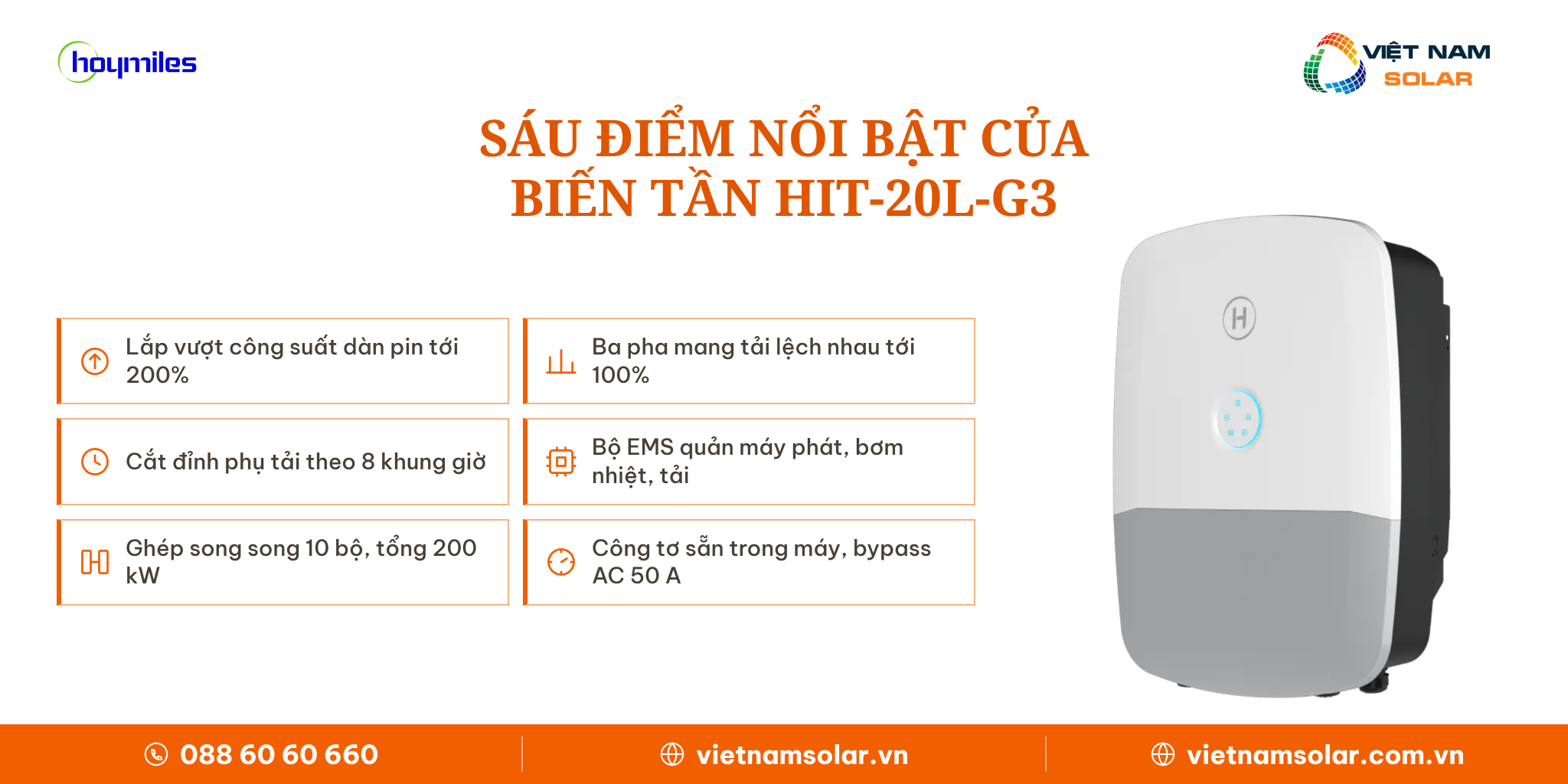 Inverter hybrid Hoymiles HIT-20L-G3 20 kW ba pha áp thấp, các điểm nổi bật về công suất và tính năng