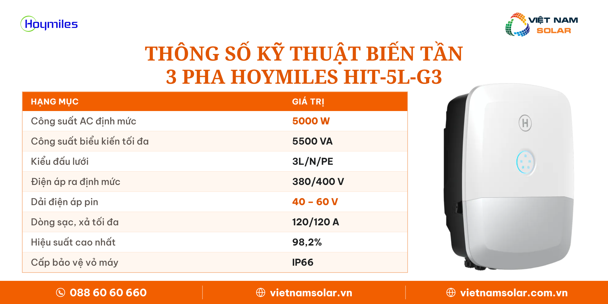 Inverter hybrid Hoymiles HIT-5L-G3 5 kW ba pha áp thấp, bảng thông số kỹ thuật theo datasheet REV1.7