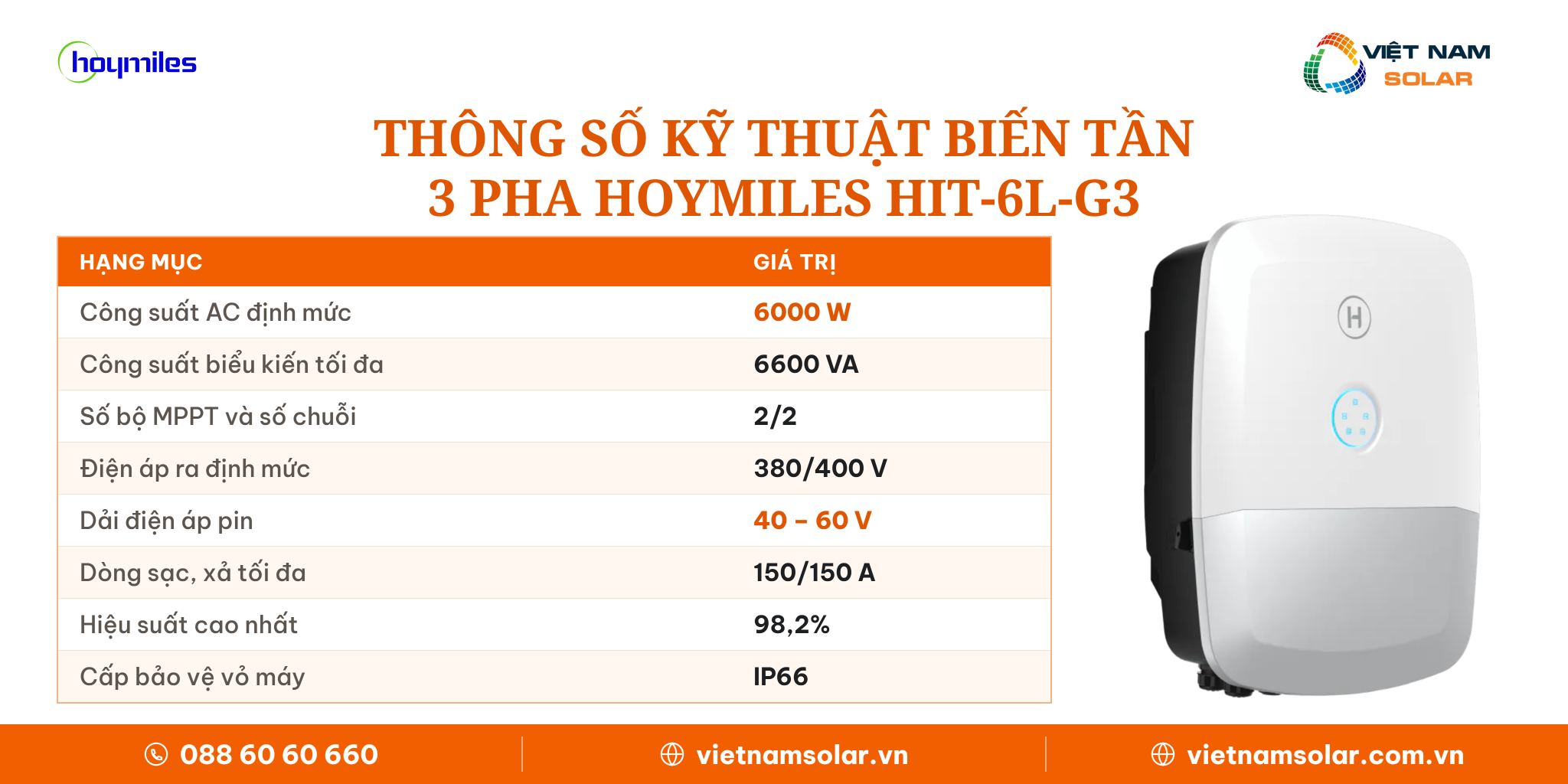 Inverter hybrid Hoymiles HIT-6L-G3 6 kW ba pha áp thấp, bảng thông số kỹ thuật theo datasheet REV1.7