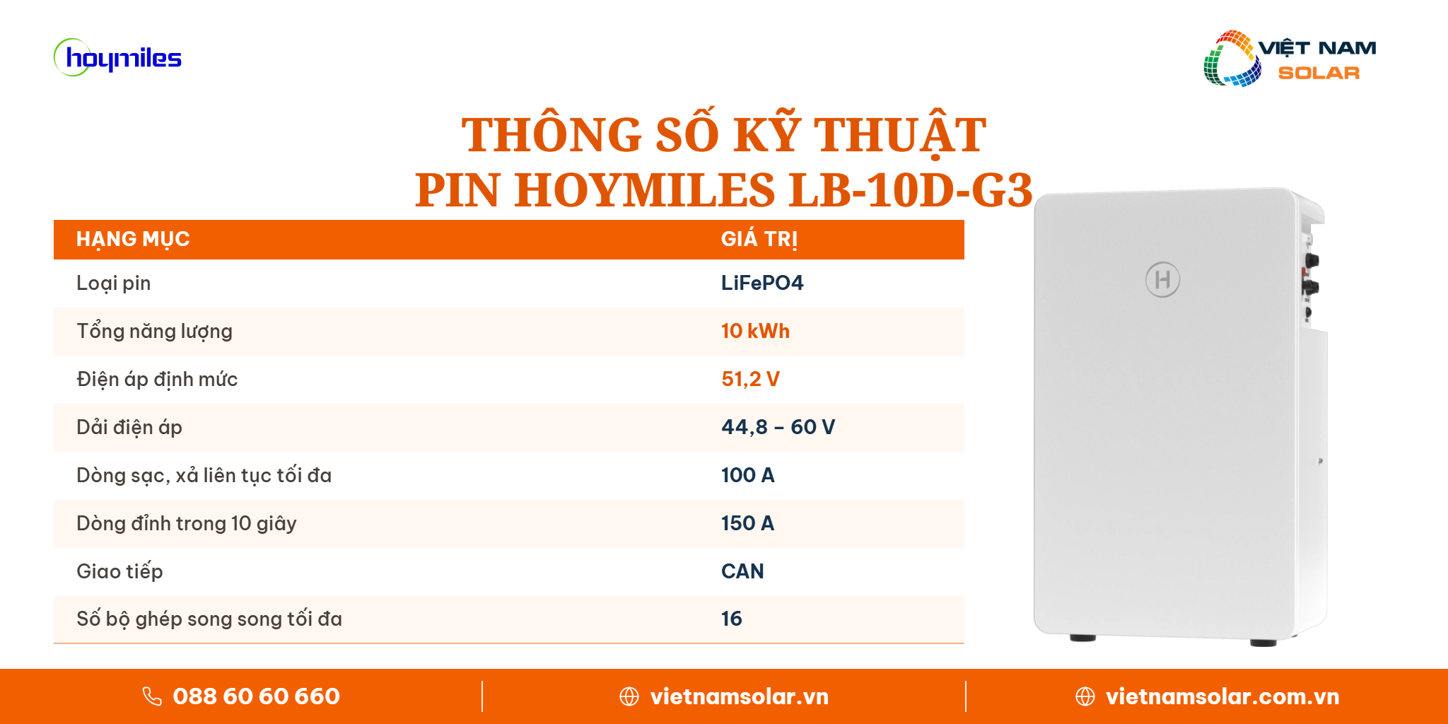 LB-10D-G3 - Pin Lưu Trữ Điện Lithium Hoymiles 10kWh (Áp Thấp) 6 Bảng thông số kỹ thuật công suất sạc xả và dung lượng lưu trữ Hoymiles LB-10D-G3