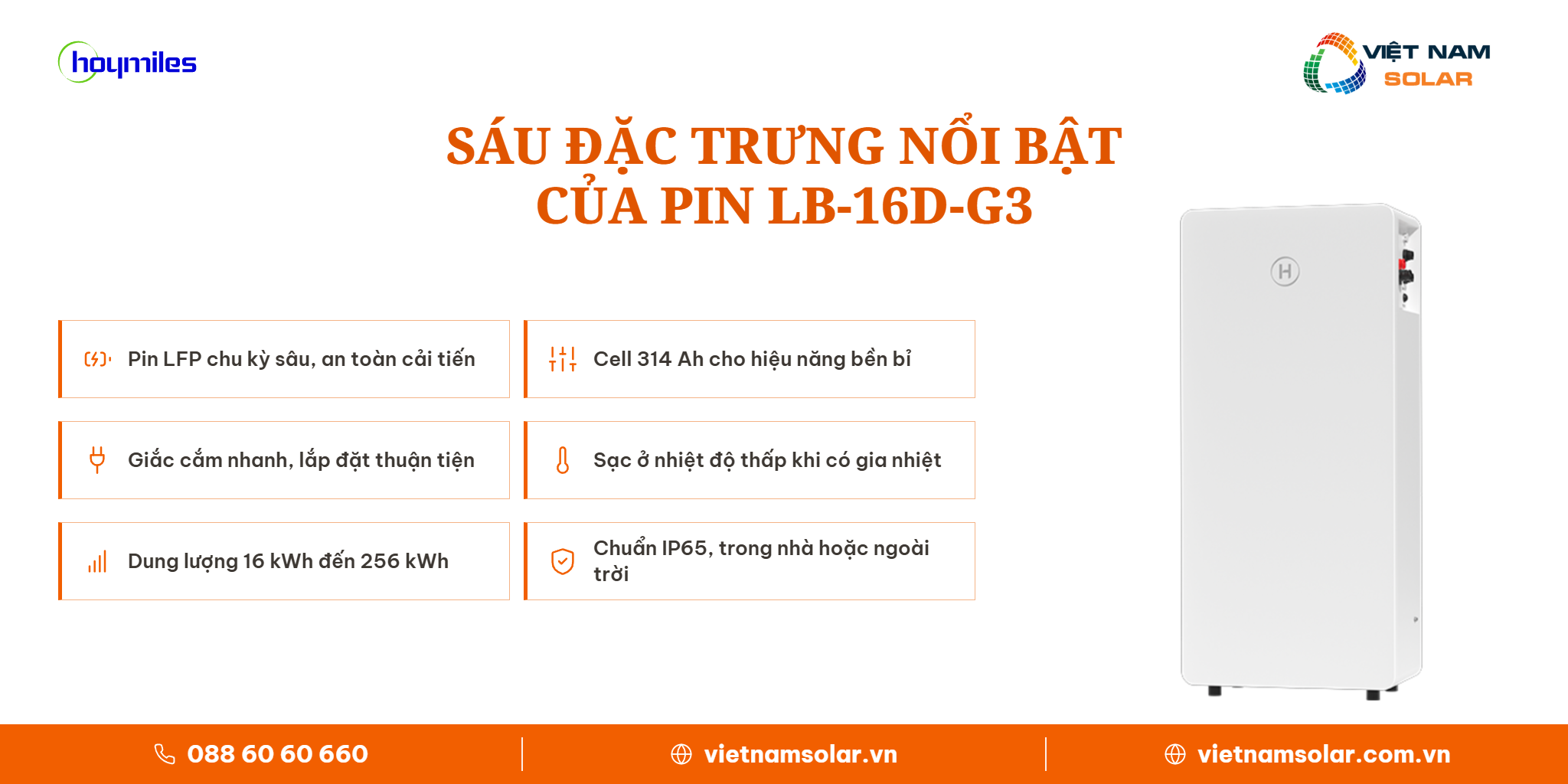 LB-16D-G3 - Pin Lưu Trữ Điện Lithium Hoymiles 16kWh (Áp Thấp) 2 Sáu đặc trưng nổi bật của bộ pin lưu trữ 16 kWh Hoymiles LB-16D-G3