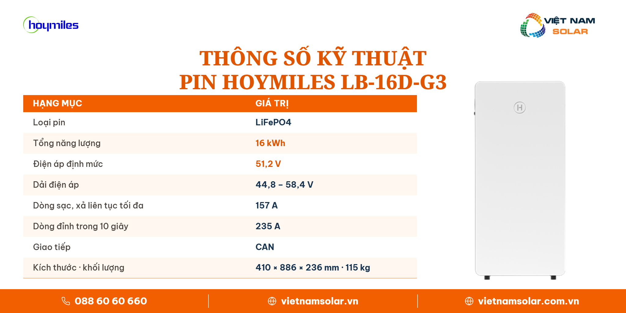 LB-16D-G3 - Pin Lưu Trữ Điện Lithium Hoymiles 16kWh (Áp Thấp) 6 Bảng thông số kỹ thuật dung lượng, công suất và kích thước pin lưu trữ Hoymiles LB-16D-G3