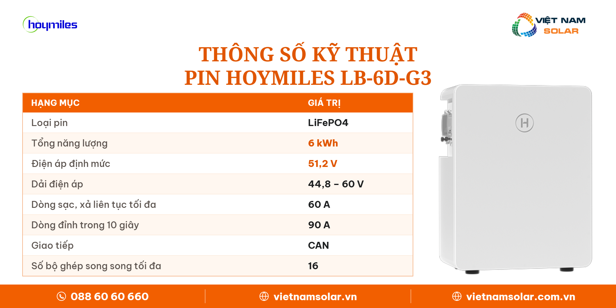 LB-6D-G3 - Pin Lưu Trữ Điện Lithium Hoymiles 6kWh (Áp Thấp) 6 Bảng thông số kỹ thuật dung lượng và công suất pin lưu trữ điện Hoymiles LB-6D-G3
