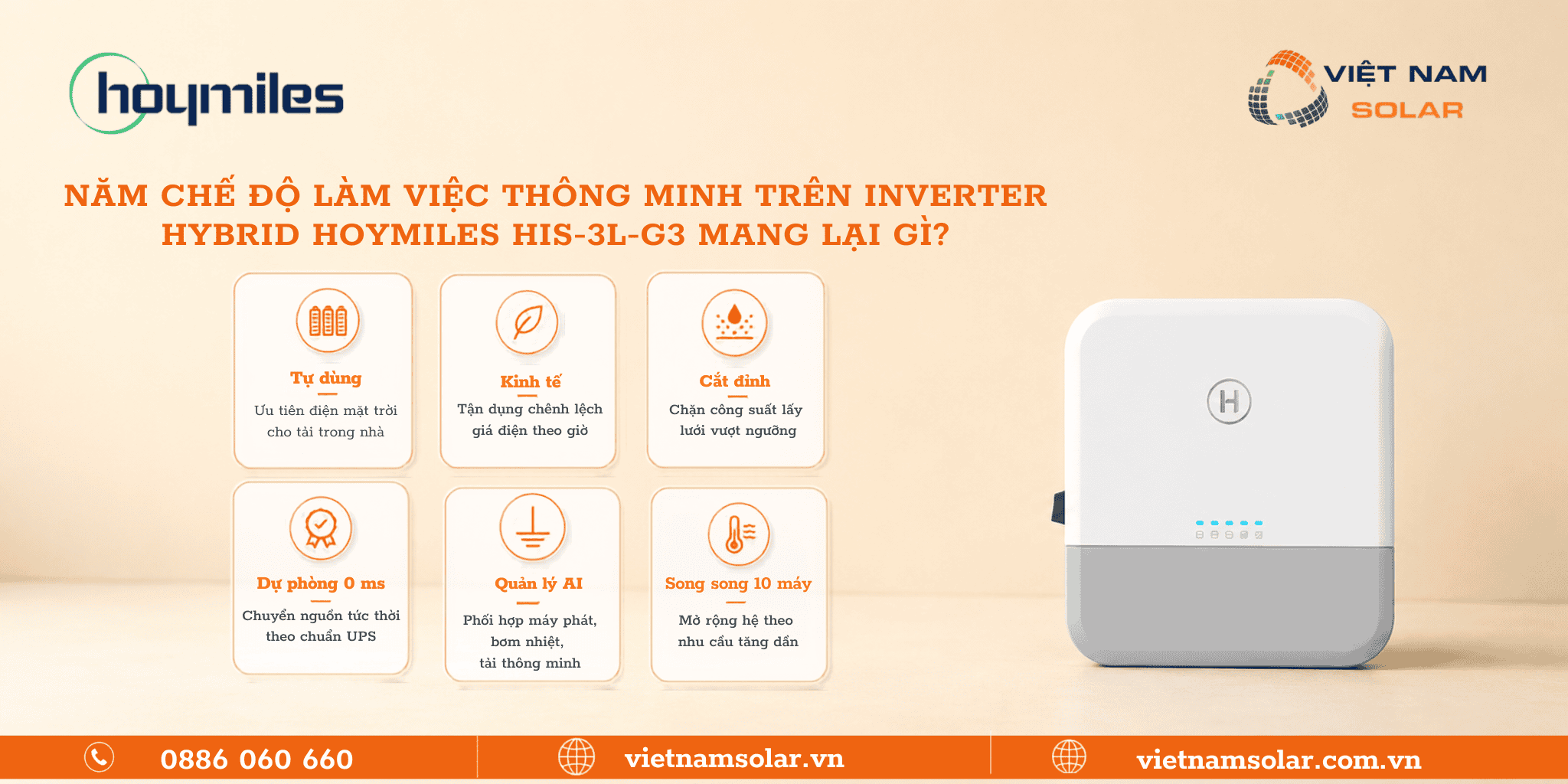 Năm chế độ làm việc HIS-3L-G3 inverter hybrid Hoymiles 3kW 1 pha áp thấp