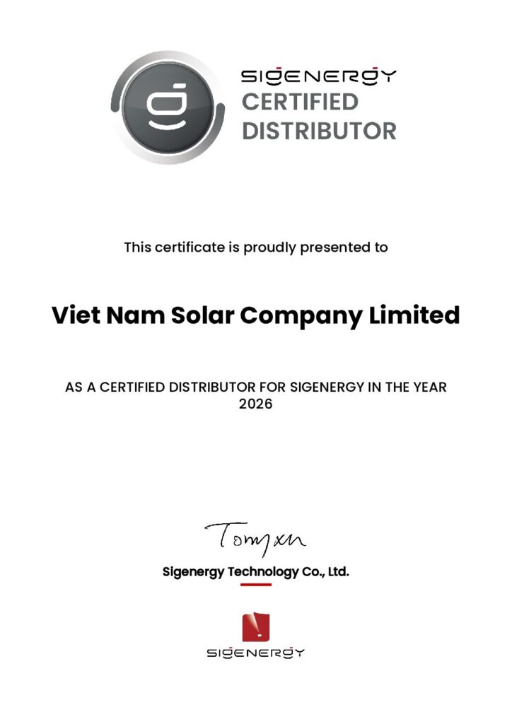 Chứng nhận nhà phân phối Sigenergy năm 2026 (Sigenergy Certified Distributor) cấp cho Công ty TNHH Việt Nam Solar
