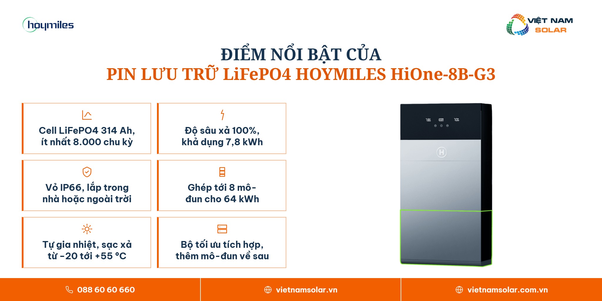 HiOne-8B-G3 - Bộ Lưu Trữ Dành Cho Dòng HiOne All in One Dung Lượng 8kWh 2 Điểm nổi bật của pin lưu trữ năng lượng mặt trời Hoymiles HiOne-8B-G3 dung lượng 8 kWh
