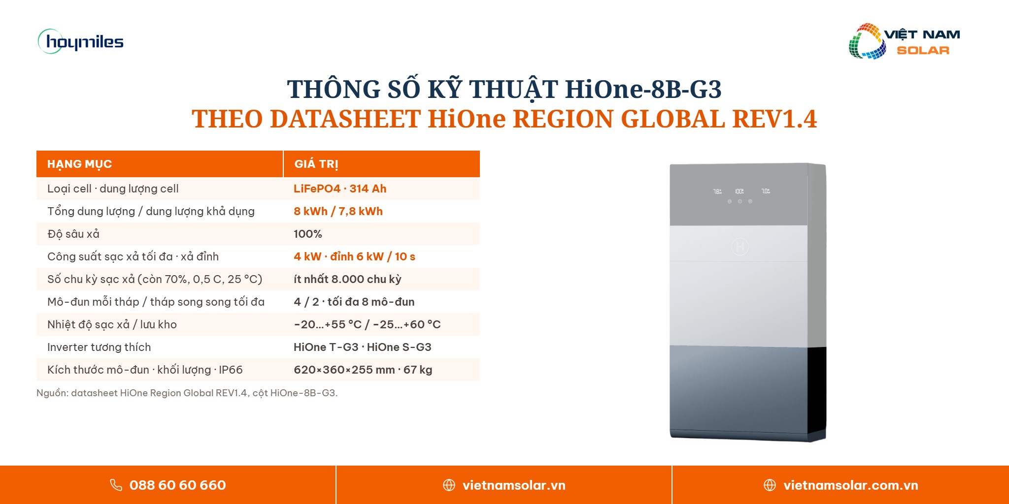 HiOne-8B-G3 - Bộ Lưu Trữ Dành Cho Dòng HiOne All in One Dung Lượng 8kWh 5 Bảng thông số kỹ thuật dung lượng và công suất pin lưu trữ LiFePO4 HiOne-8B-G3