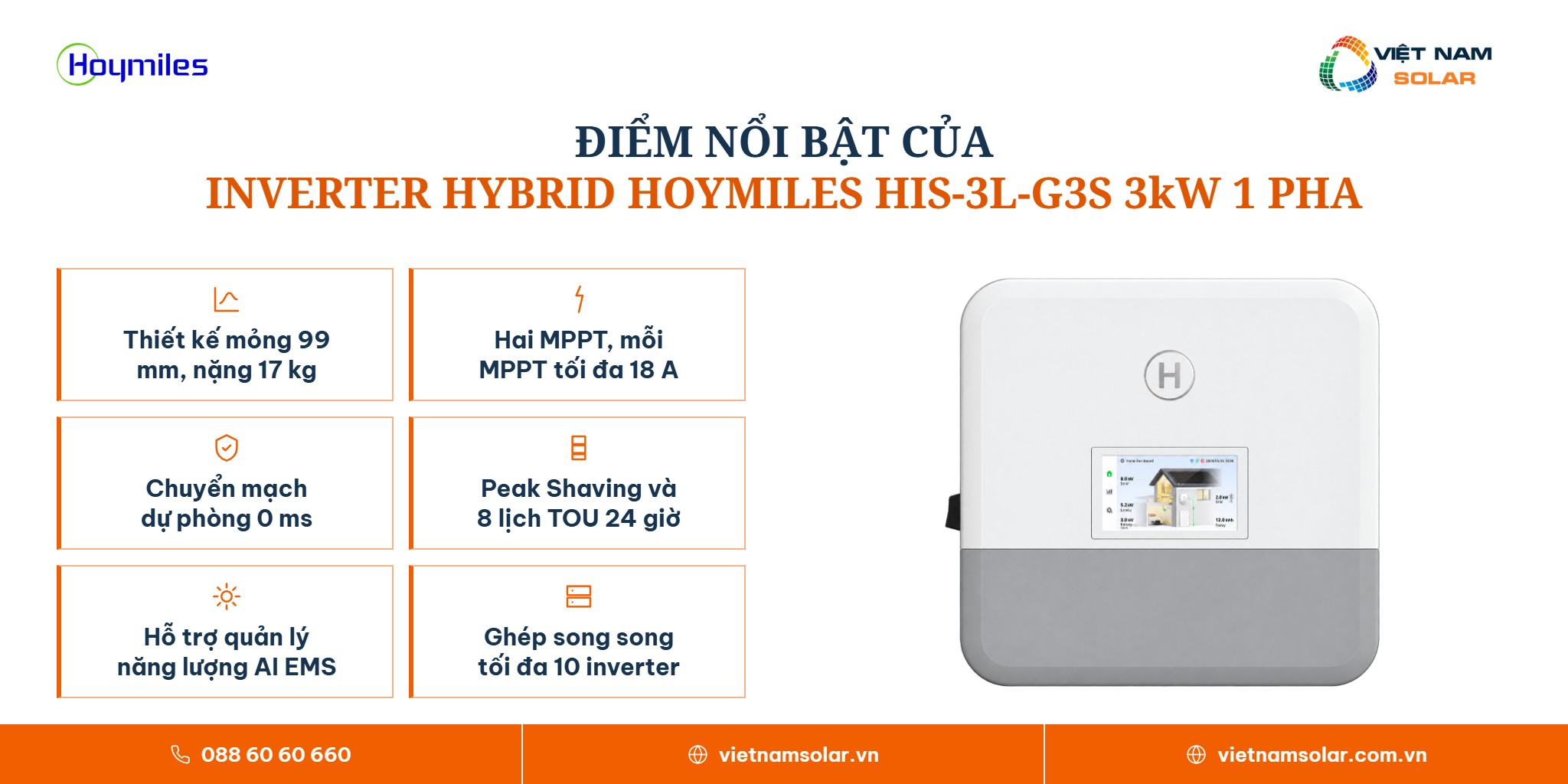 HIS-3L-G3S - Inverter Hybrid Hoymiles 3kW 1 Pha Có Màn Hình 2 HIS-3L-G3S - điểm nổi bật, inverter hybrid Hoymiles 3 kW 1 pha có màn hình