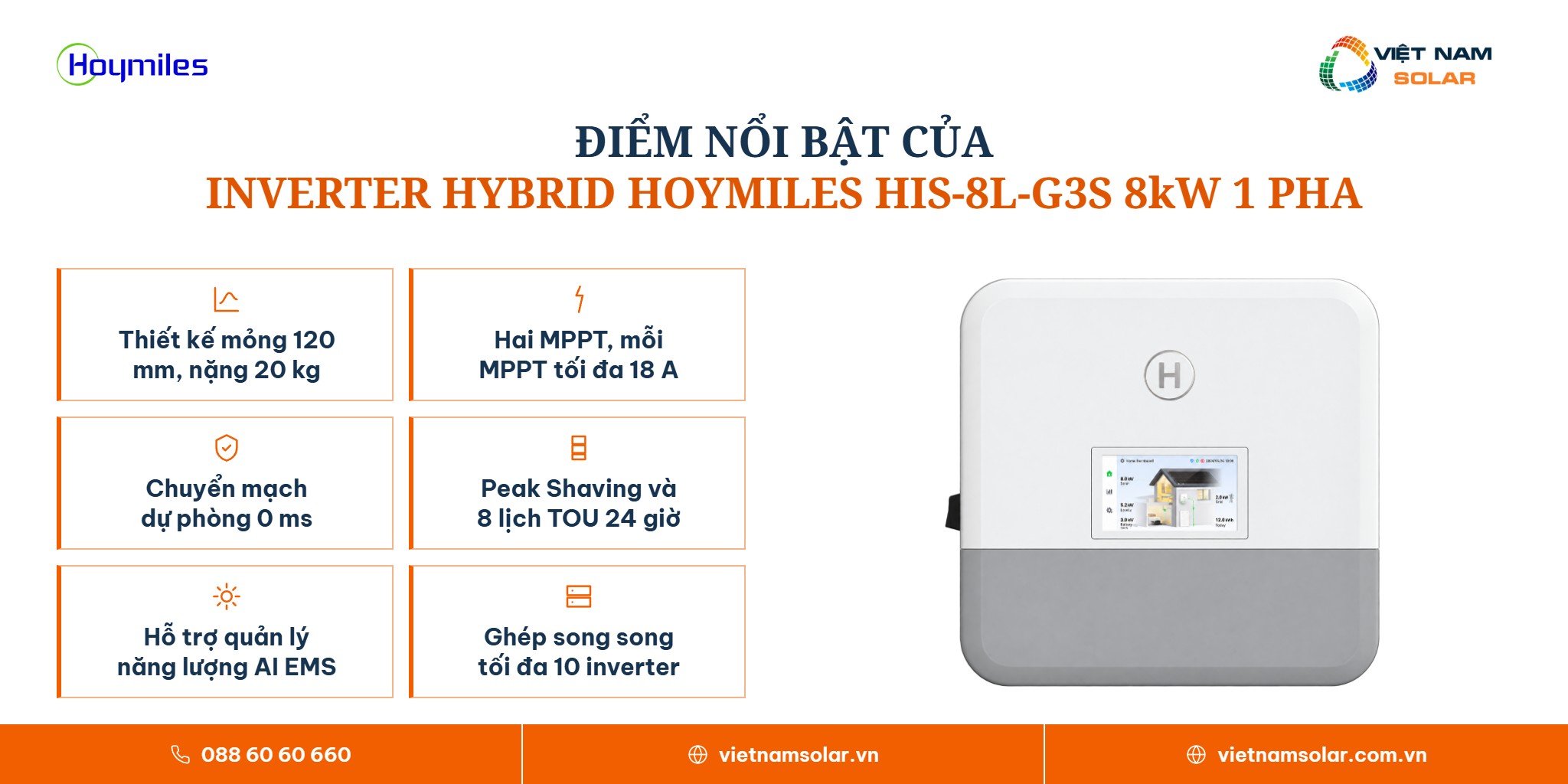 HIS-8L-G3S - Inverter Hybrid Hoymiles 8kW 1 Pha Có Màn Hình 2 HIS-8L-G3S - điểm nổi bật, inverter hybrid Hoymiles 8 kW 1 pha có màn hình