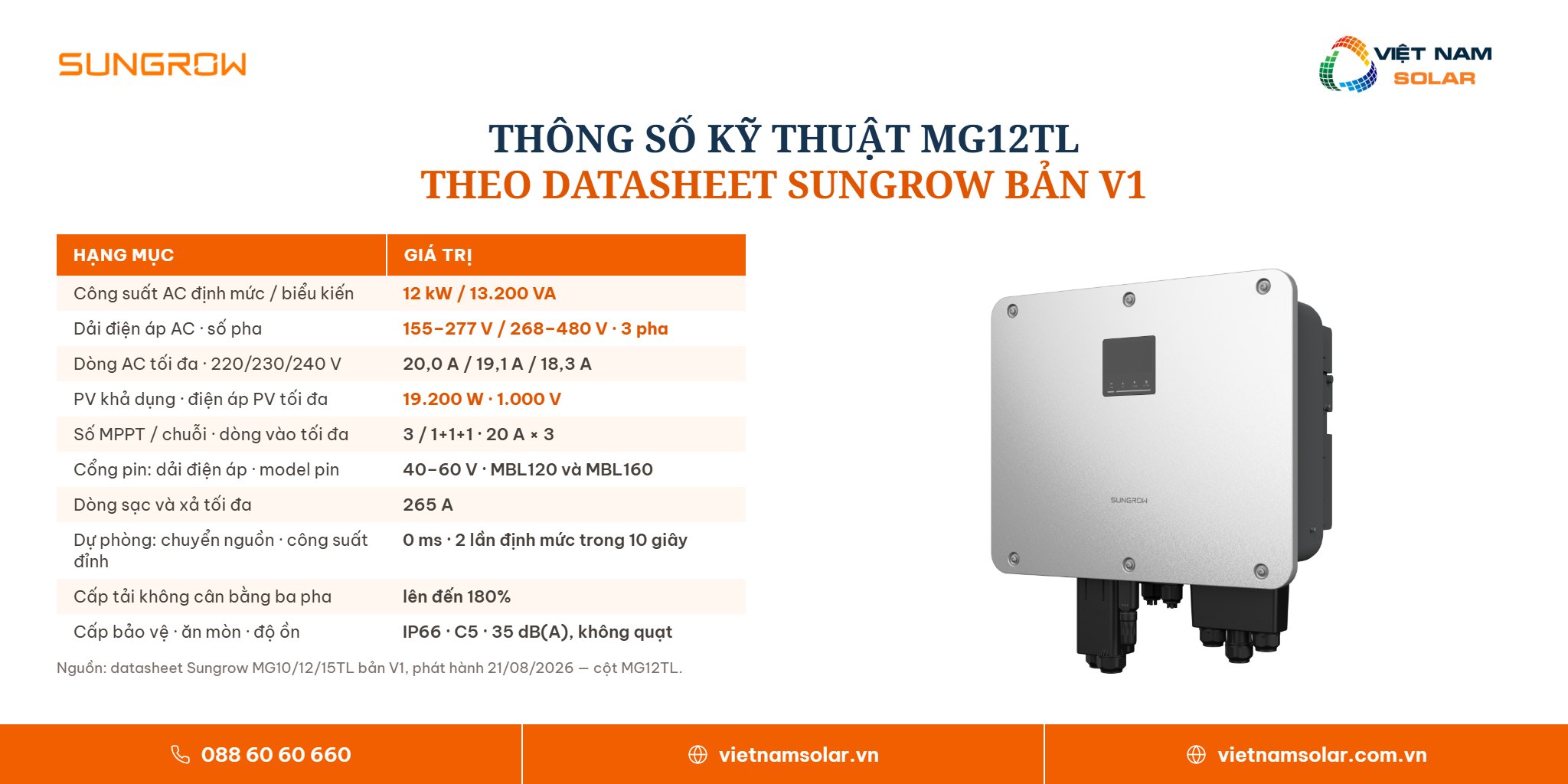 MG12TL - Inverter Hybrid Sungrow 12kW 3 Pha (Áp Thấp) 8 MG12TL - thông số kỹ thuật theo datasheet Sungrow bản V1