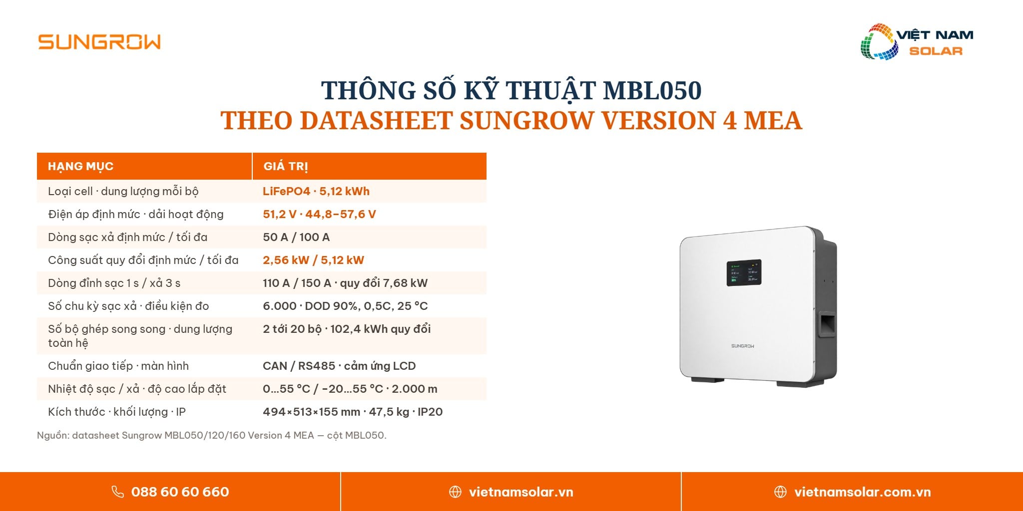 MBL050 - Pin Lưu Trữ Điện Lithium Sungrow 5.12kWh (Áp Thấp) 3 MBL050 - Pin Lưu Trữ Điện Lithium Sungrow 5.12kWh (Áp Thấp) · bảng thông số kỹ thuật theo nhóm