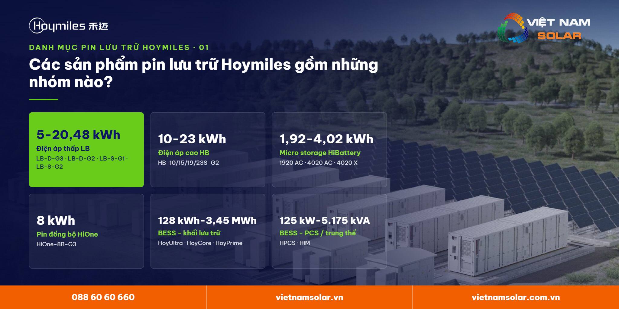 Pin lưu trữ năng lượng mặt trời Hoymiles gồm những nhóm nào? Lưu trữ lithium Hoymiles – 6 nhóm sản phẩm: pin điện áp thấp LB, pin điện áp cao HB, micro storage HiBattery, pin đồng bộ HiOne, BESS và PCS/trạm trung thế