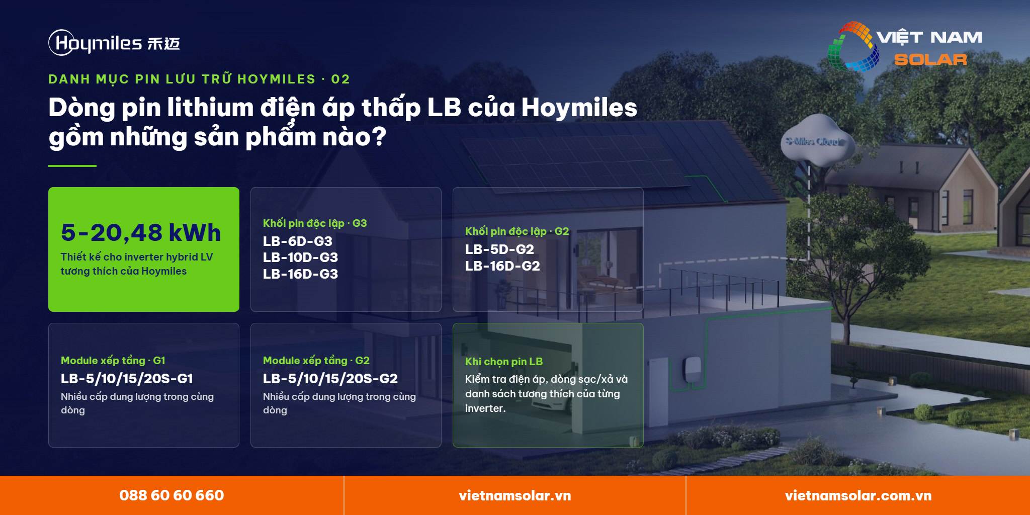 Dòng pin lưu trữ lithium áp thấp LB gồm những mã nào? Lưu trữ lithium Hoymiles – dòng pin điện áp thấp LB 5–20,48 kWh: LB-D-G3, LB-D-G2, LB-S-G1, LB-S-G2