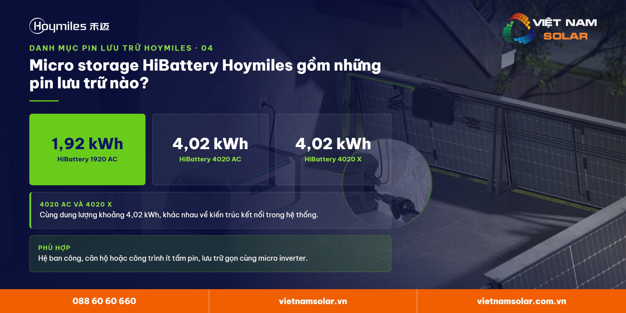 Bộ lưu trữ mini HiBattery của Hoymiles gồm những mã nào? Lưu trữ lithium Hoymiles – micro storage HiBattery 1920 AC 1,92 kWh, 4020 AC và 4020 X 4,02 kWh