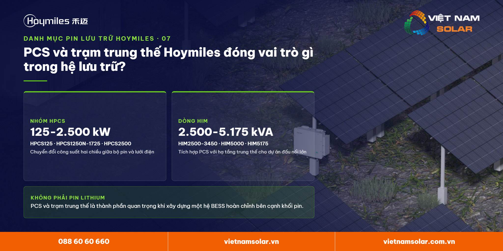 PCS và trạm trung thế Hoymiles làm nhiệm vụ gì trong hệ lưu trữ? Lưu trữ lithium Hoymiles – PCS HPCS 125–2.500 kW và trạm trung thế HIM 2.500–5.175 kVA cho hệ BESS