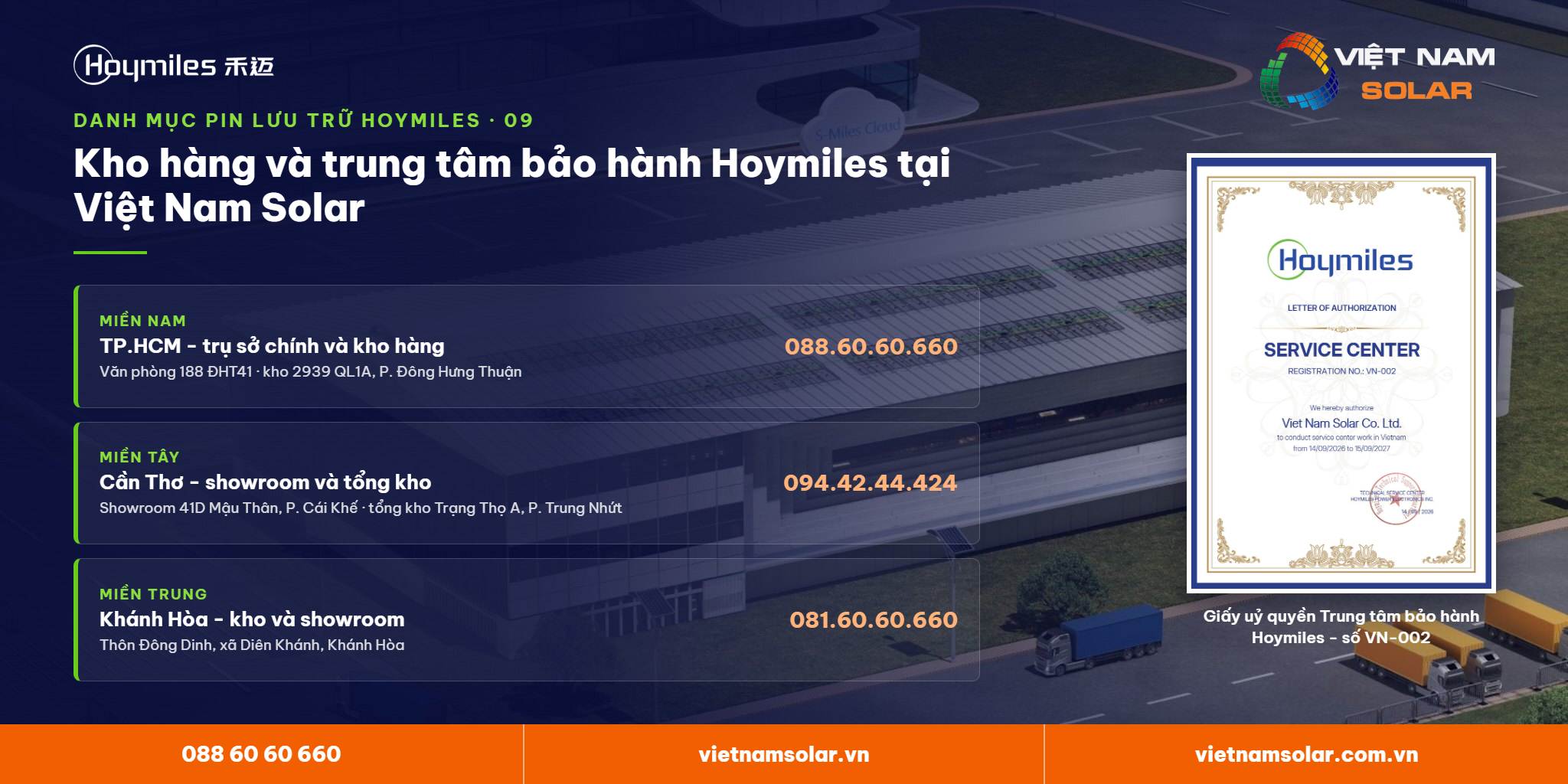 Mua và bảo hành pin lithium Hoymiles ở đâu? Lưu trữ lithium Hoymiles – kho hàng và trung tâm bảo hành tại Việt Nam Solar: TP.HCM, Cần Thơ, Khánh Hòa