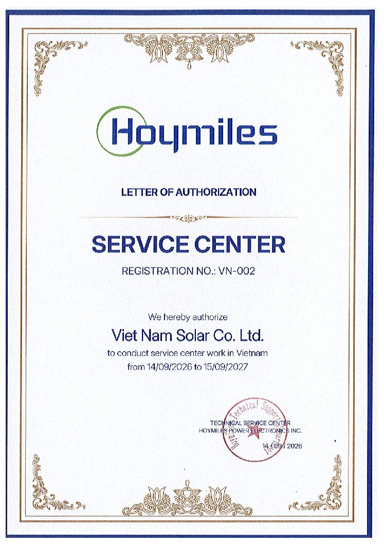 Thư ủy quyền trung tâm bảo hành Hoymiles số VN-002 cấp cho Công ty TNHH Việt Nam Solar