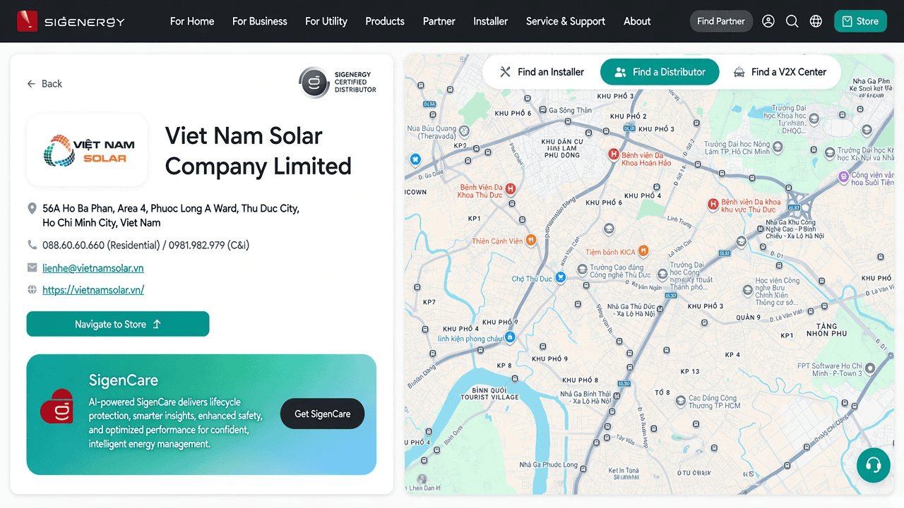 Việt Nam Solar Company Limited trong công cụ tìm nhà phân phối của Sigenergy, gắn nhãn Sigenergy Certified Distributor